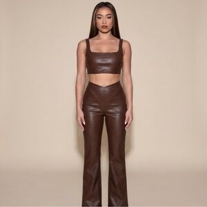 Skims High-Rise Brown Faux Leather Pants - Sleek Flare and matching top S set